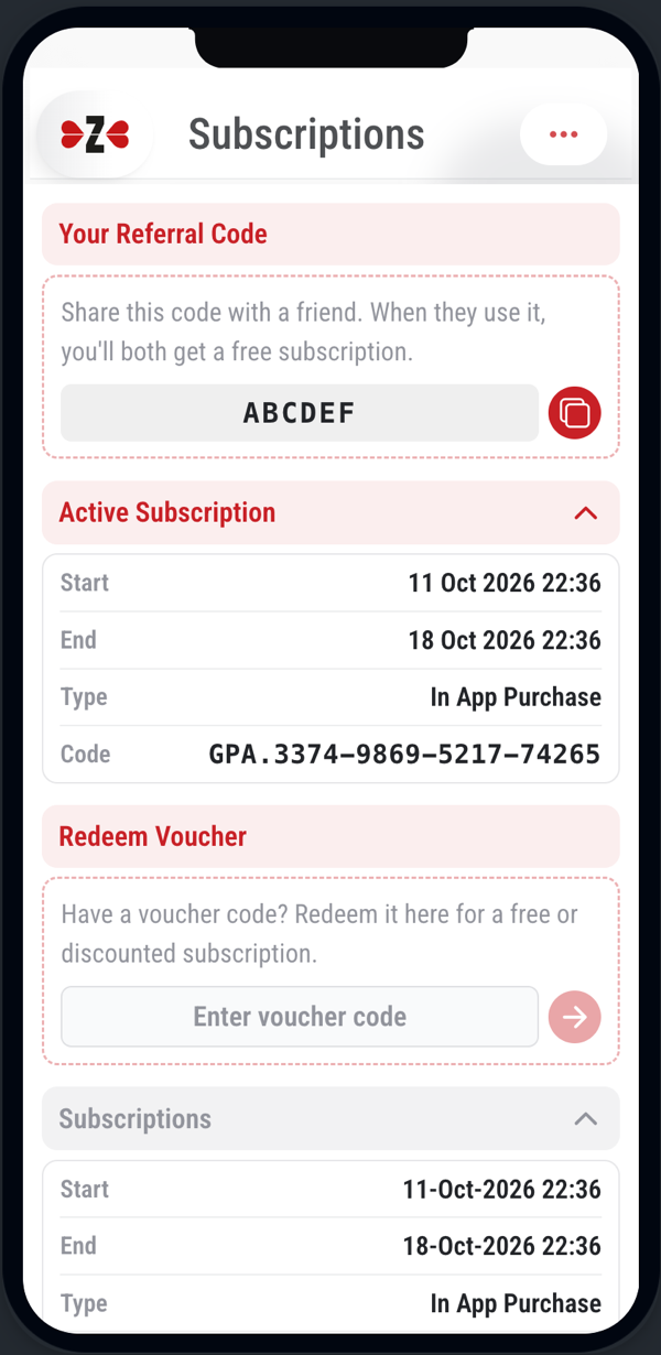 Zivazi Subscriptions screen with referral code and voucher redemption